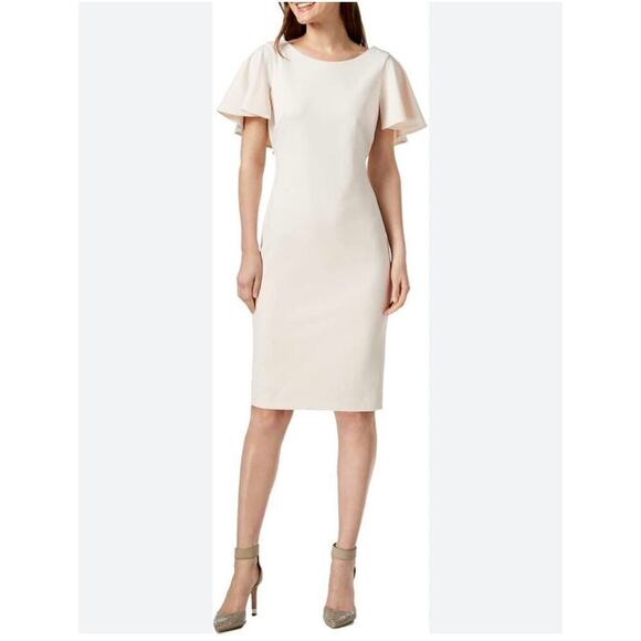 Calvin Klein Pink Ruffle V Back Flutter Sleeve Boat Neck Sheath Dress Sz 14 - Picture 4 of 10